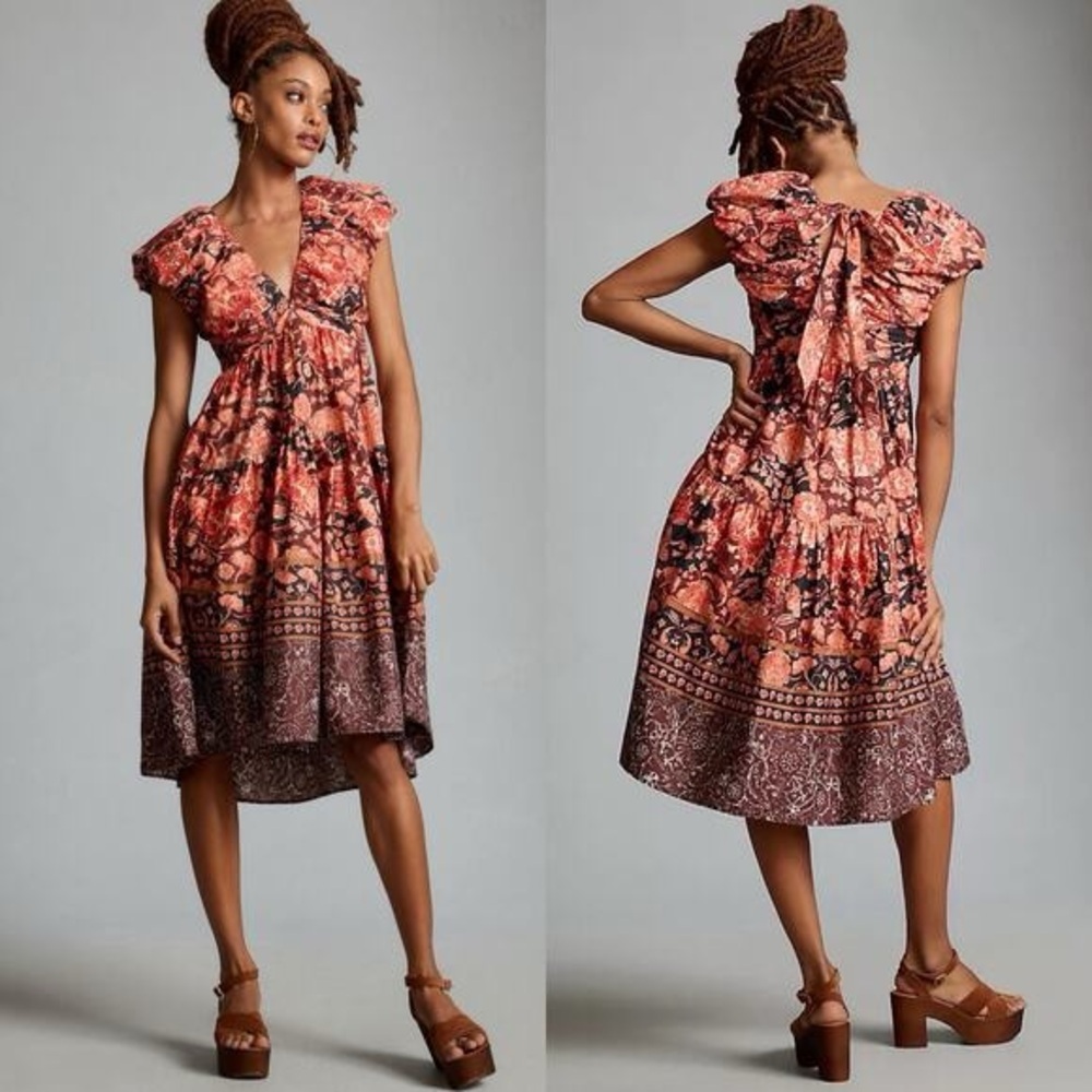 NEW Anthropologie Tie-Back Floral Midi Dress Red Motif Women’s Size 4